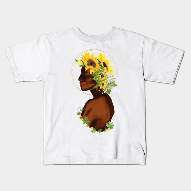 Black Woman with Sunflower Crown Kids T-Shirt by The Lily and The Lark